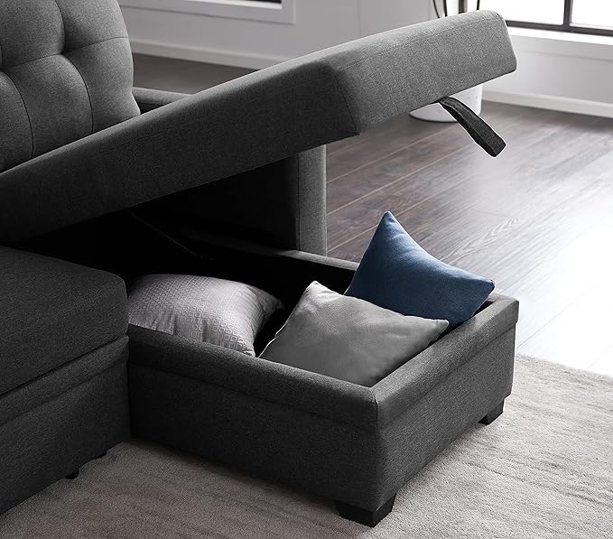 82 Linen Upholstered Pull Out Sectional Sofa with Storage ChaiseLoveseat Couch W/Converted Twin Size Sleeper and Removable Back Cushionsfor DormApartmentStudioOfficeDark Gray 53