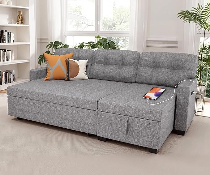 Reversible Sectional Sofa Couch Sleeper Sofa Bed with Storage Chaise Pull Out Couch for Living Room | Hidden Stroge | Pull Out Bed | Removable Backrest | Linen Fabric DeepGrey (LightGrey)