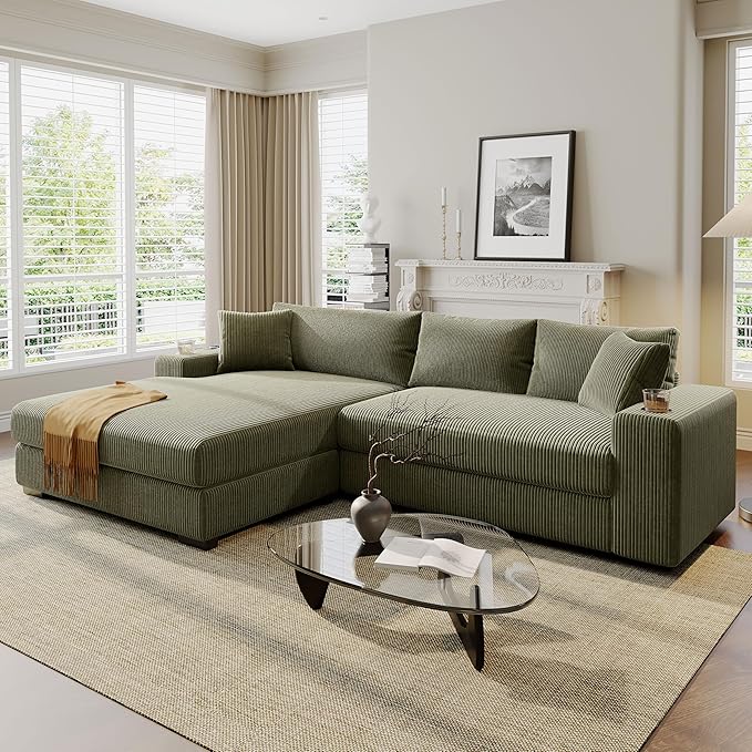 Mirod Large Sectional Sofa with Thick Cushions and Built-in Cup Holders &amp Charging Ports (Green@43)