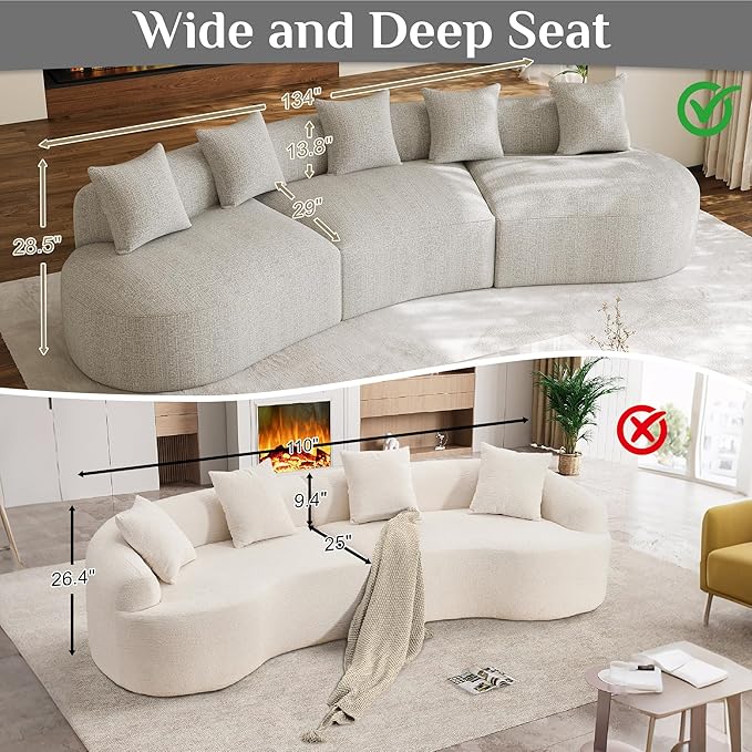 134 Curved Modular Sectional Sofa for Living Room Modern Chenille Oversized Cloud Couch Plush Luxury 6-Seater Extra Deep Seat Boucle Boneless Sofa No Assembly Required Grey