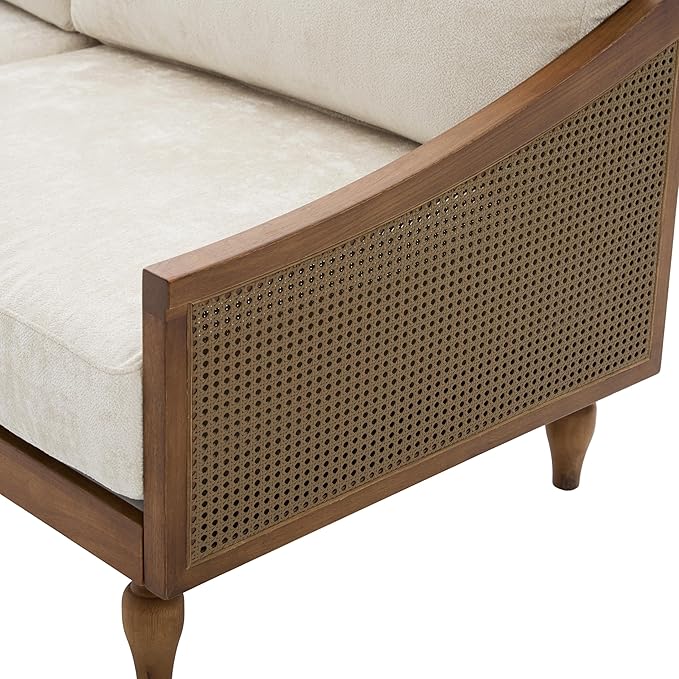 Christopher Knight Home Harper Mid-Century Loveseat Sofa Couch 2-Seater Lounge Sofa with Rattan Armrests and Wooden Legs Chenille Upholstered Couches for Living Room and Small Space Walnut