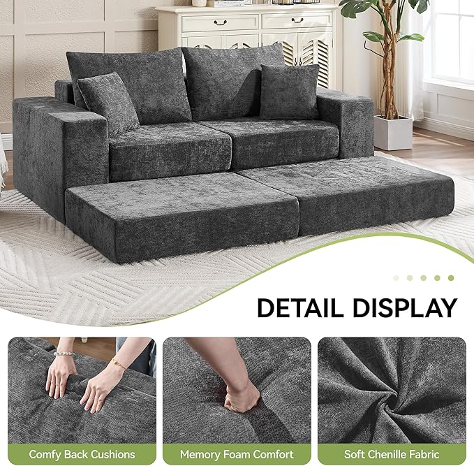 79 Boneless Cloud Loveseat Sofa Couch Modular Foldable Floor Sofa with Ottoman Chenille Lounge Convertible Sofa Bed for Living Room No Assembly Dark Grey