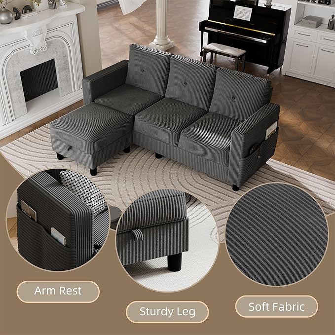 JAMFLY Convertible Sectional Couches for Living Room L-Shaped Couch 3 Seat Sectional Sofa Set with Corduroy Fabric and Movable Ottoman Small Couch for Apartments Office（Dark Grey）