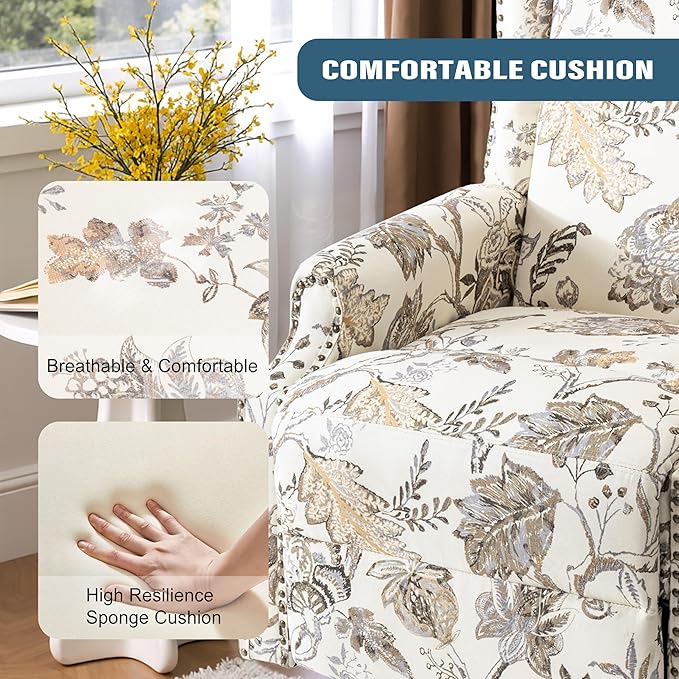 Swivel Glider Recliner Chairs Set of 2 High Back Rocker Reclining Accent Chair with Smooth Manual Mechanism for Nursery Comfortable &amp Quiet Upholstered Armchair Seating-Cream Plant