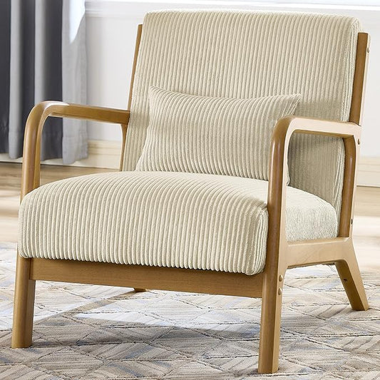 Midcentury Modern ChairWooden Beige Accent Chair with PillowCorduroy Arm Chair for Living RoomBedroomSmall Rooms (Beige)