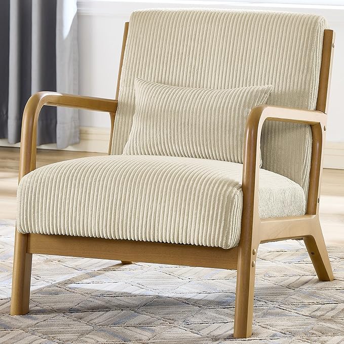 Modern Accent Chairs with Waist Cushion Comfy Upholstered Chair Living Room Corduroy Reading Chair with Solid Wood Frame Side Chairs for Living Room Bedroom Sunny Room Balcony (Beige)