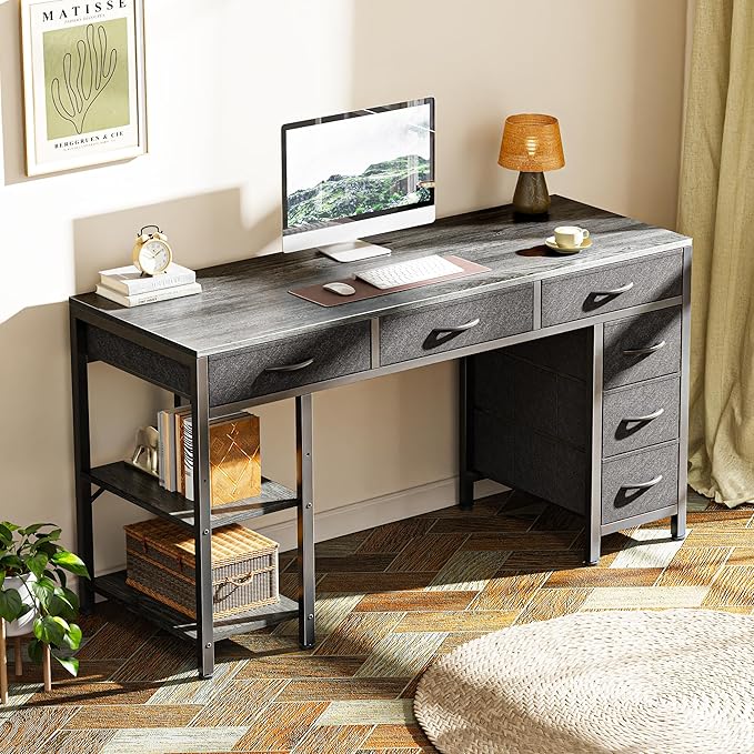 Huuger Computer Desk with 6 Drawers Office Desk with Shelves Reversible Gaming Desk Corner Desk with Storage Work for Home Office Study Living Room 47inch Gray