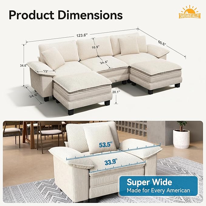 U Shaped Modular Cloud Couch 123.6'' Comfy Corduroy Sectional Sofa with Wider Armrest and Ottoman Upholstered 5-Seat Modern Deep Seat for Bedroom Living Room Beige