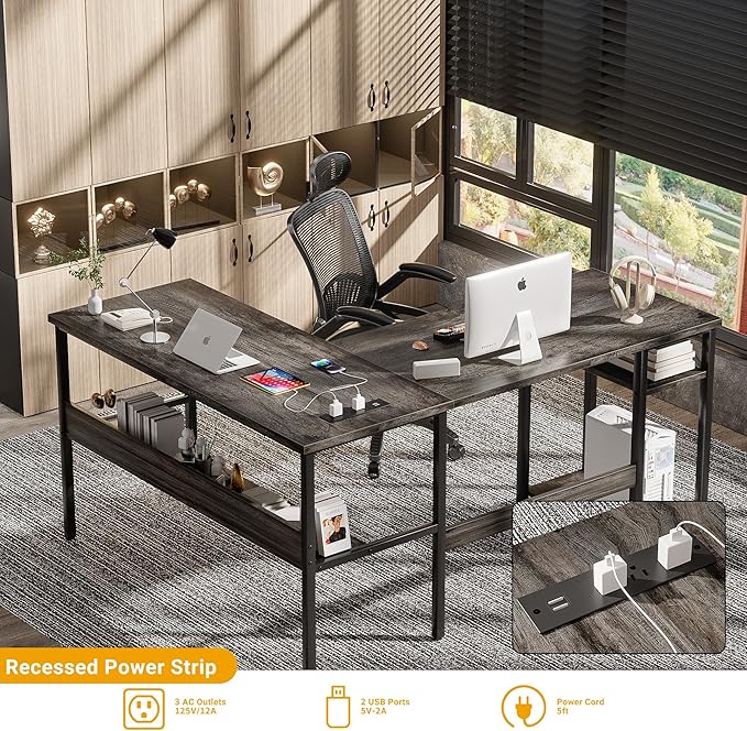 Unikito Reversible L Shaped Desk with Magic Power Outlets and USB Charging Ports Sturdy Corner Computer Desk with Storage Shelves Gaming Desk for Home Office Easy to Assemble Black Oak