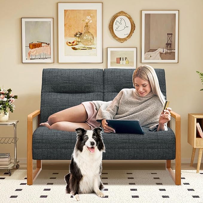 Alunaune Modern Loveseat Bench Couch with Natural Rattan Arm Upholstered Linen Small Love Seat Sofa 2-Seats Living Room Couch Settee Comfy Lounge Recliner Chair-Grey