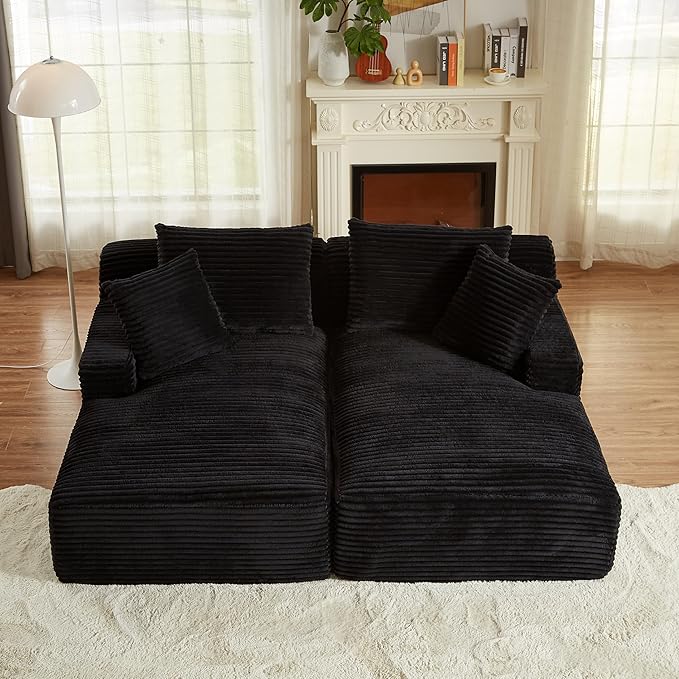 Oversized Double Chaise Lounge Loveseat Cozy Cloud Couch Fluffy Corduroy Upholstered Sleeper Sectional Sofa Lounger Daybed with Throw Pillows and Wide Armrest for Living Room No Assembly Required