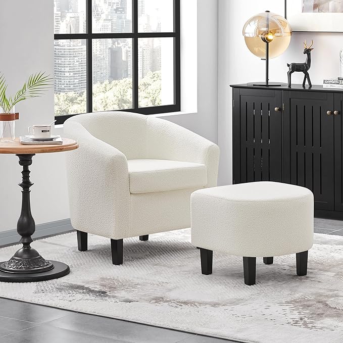 Topeakmart Sherpa Accent Chair with Ottoman Set Boucle Club Chair with Footrest Modern Cozy Recliner for Living Room/Bedroom Ivory