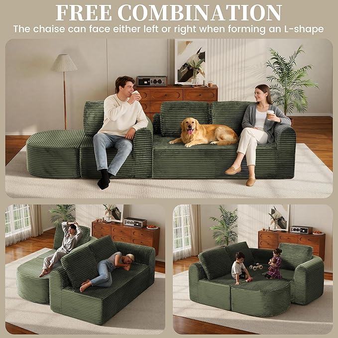 108” Modular Sectional Sofa Boneless Couches for Living Room Deep Seat L-Shape Cloud Couch with ChaiseComfy Sofa Freely Change Configurations No Assembly RequiredSoft Plush Corduroy Fabric(Green)