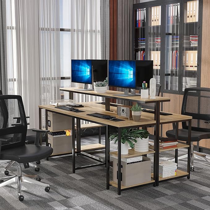 78.75 Inches Double Computer Desk for Two Person Extra Long Home Office Desk with Monitor Shelf and CPU Stand Brown