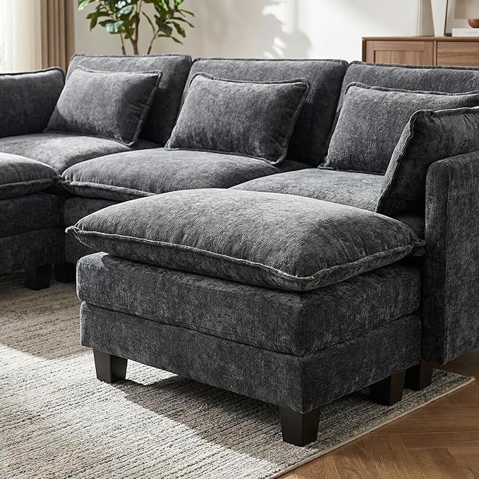 Amada Sectional Couches for Living Room 111.5-U Shape Comfy Cloud Modular Sectional Sofa 5-Seater Chenille Deep Seat Sofa Sleeper with 2 Movable Ottomans&ampThrow Pillows (Grey) | Chenille