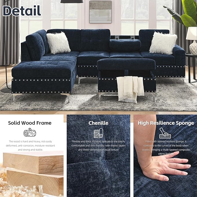Yoglad 108'' Sectional Couches for Living Room Modular 5-Seater Couch Sofa with Reversible Chaise &amp Cup Holders L-Shaped Corner Sofa with Storage Ottoman for Apartment Office (Chenille Navy Blu