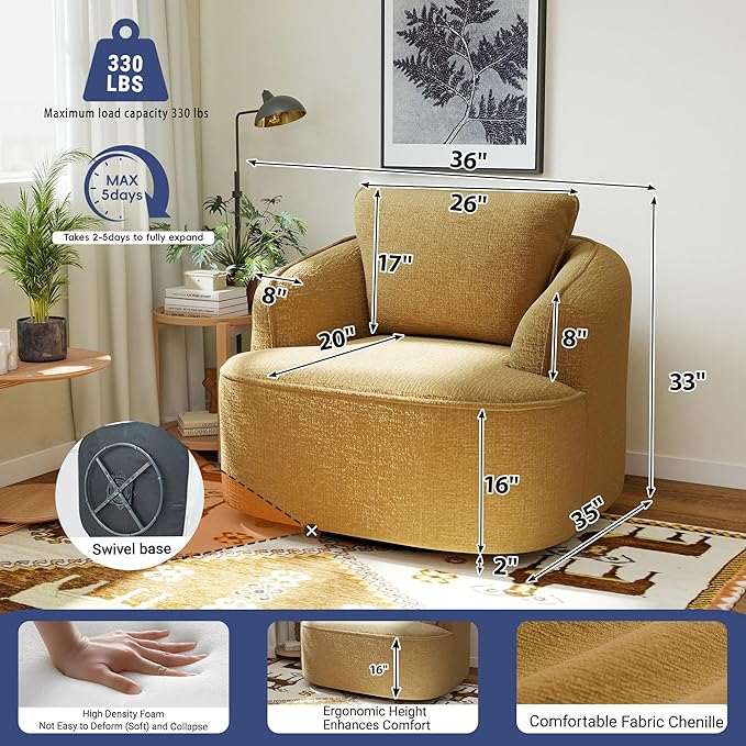 36 Swivel Barrel Chair 360° Rotating Accent Chair with Plush Chenille Upholstery Ergonomic Back &amp Boneless Comfort for Living Room Bedroom Office No-Assembly Gold