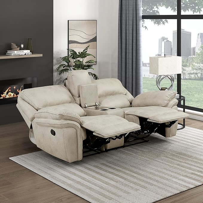Lexicon Manual Double Reclining Loveseat with Center Console Polished Microfiber Wall Hugger Loveseat Recliner for Living Room Cup Holders Foam Over Pocket Coils Seats Pillow Top Arms Sand