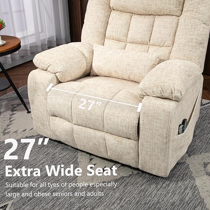 4 Motor Power Lift Recliner Chair for Elderly Oversized Lay Flat Recliner with Massage Heat Adjustable Headrest Hidden Cup Holders Zero Gravity Big and Tall Recliners Cream