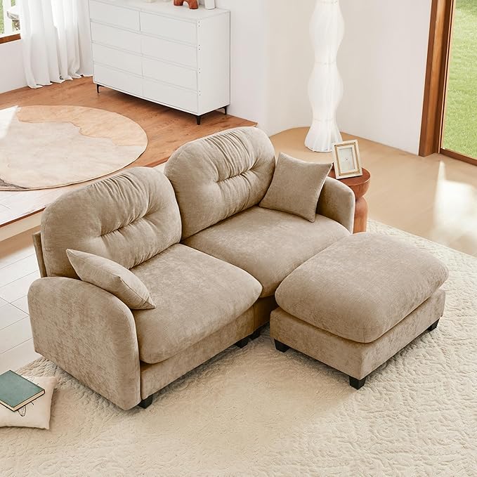 mikibama 74 Chenille Loveseat with OttomanModern Modular Sectional L-Shaped 2 Seater Cloud Sofa with Deep SeatL Shape Couch with Chaise Lounge Curved Arms for Living RoomSmall Spaces(Camel2S+1O)