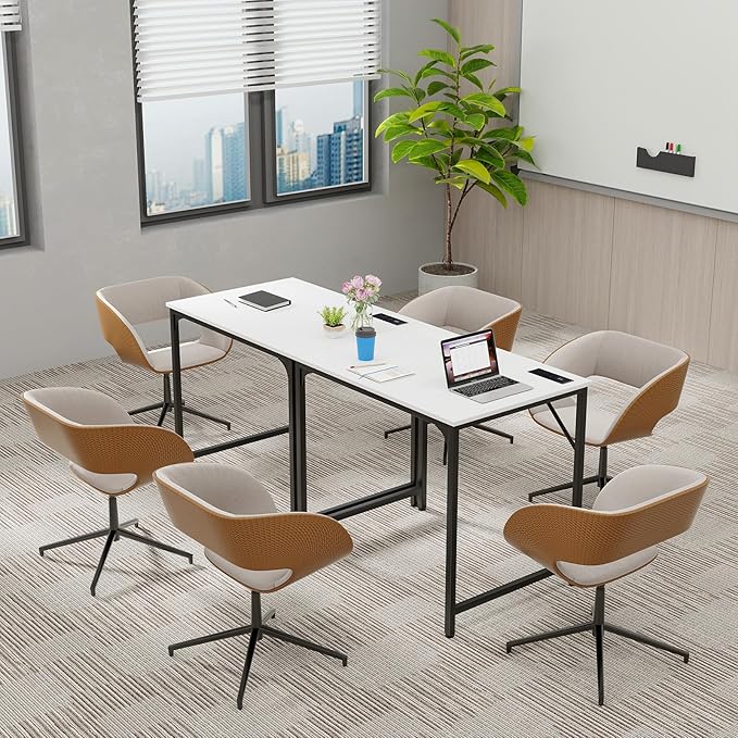 COSTWAY Home Office Desk 32 Inch Computer Desk with Recessed Power Strip Storage Bag &amp Headphone Hook Wide Desktop Modern Computer Workstation Writing Table for Home Office (White + Black)