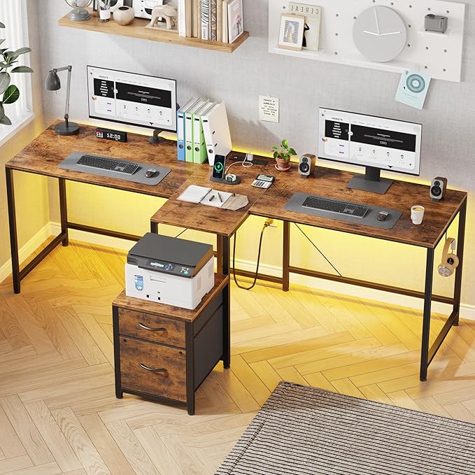T-Shaped 2 Person Desk with Power Outlet Long Two Person Gaming Table with LED &amp Fabric Drawers 81.2'' Computer Desks with File Cabinet Double Workstation for Home Office Rustic Brown