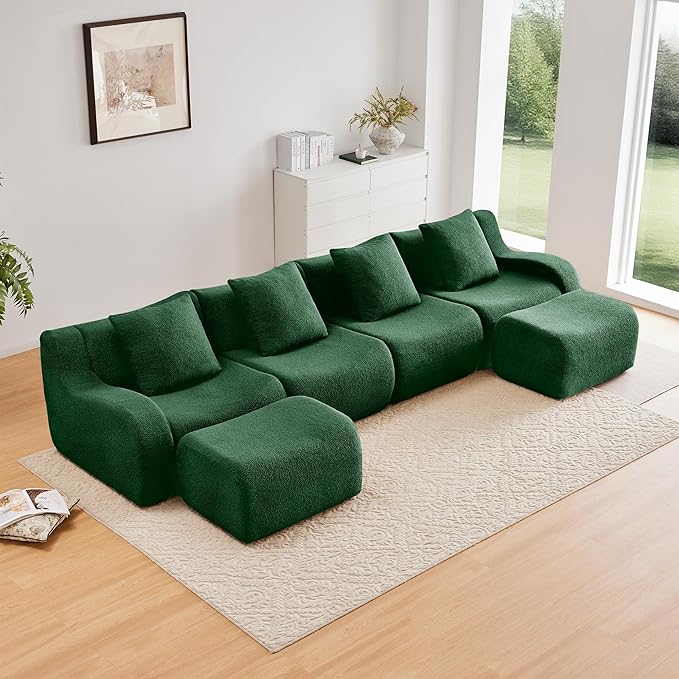 KEIKI 148 U-Shaped Oversized Teddy Modular Sectional Sofa with 2 Ottoman &amp High-Density Foam Cushions &amp Curved Armrest &amp 4 Pillows Streamlined Design Boneless 4-Seater Couch for Living