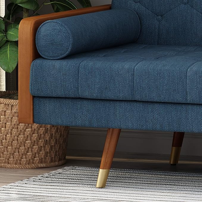 GDFStudio Mid-Century Modern Tufted Fabric Sofa Navy Blue and Dark Walnut