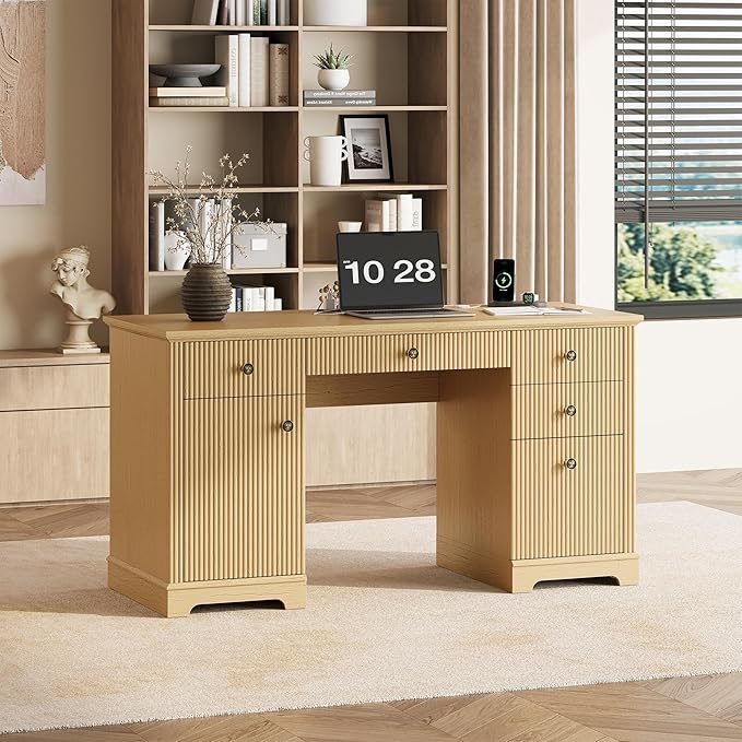 59 Modern Executive Desk with Drawers Wood Home Office Computer Desk with Charging Station 5 Drawers &amp 1 Cabinet File Drawer Fluted Computer Writing Desk for Study Living Room Bedroom Oak