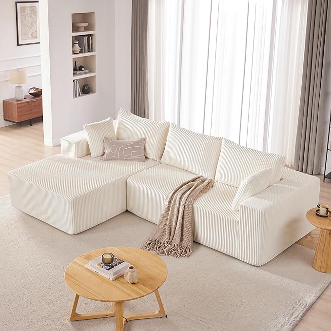 HUATEAN 108” Modular Sectional Sofa Cloud Sectional Couch with Deep Seat Modern Modular L-Shape Sofa Couch with ChaiseUpholstered Couches for Living Room Bedroom (CorduroyLvory)