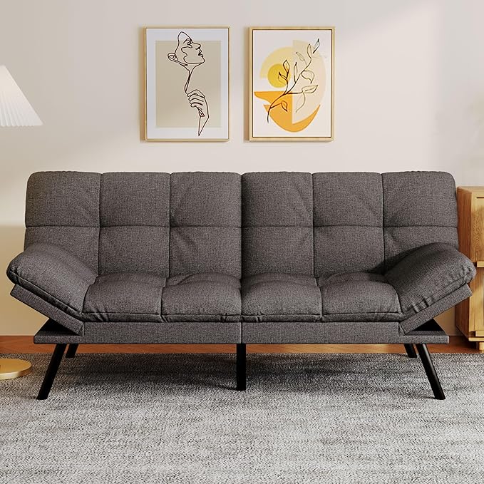 Convertible Futon Sofa BedLinen Futon Couch with Detachable CushionAdjustable Backrest &amp ArmrestModern Small Loveseat Sleeper Recliner for Living RoomOfficeApartmentDark Grey