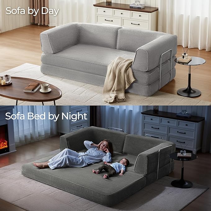 LINSY HOME 79'' Convertible Sofa Bed - Sleeper Sofa Compression Folding Loveseat Sleeper - Foldable Corduroy Couch Bed for Living Room Bedroom - Modular Sectional Compressed Sofa in Box Grey