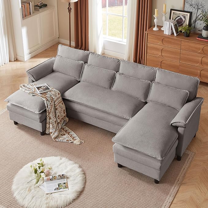 Convertible Sectional Sofa 104 U Shape Cloud Couch Comfy Couches with Double Chaise and Sleepable Armrests 4 Seats Sectional Sofa for Living Room Light Grey