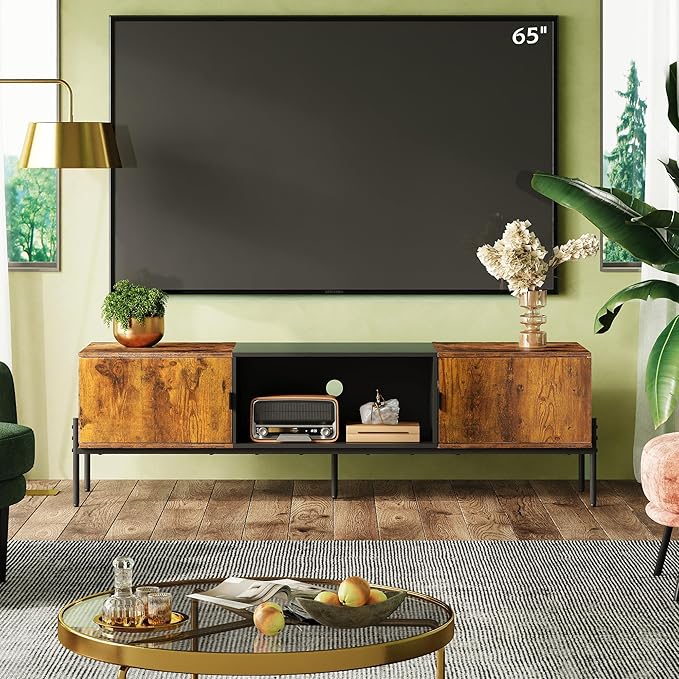 WLIVE TV Stand for 65 Inch TV Mid Century Modern Entainment Center with 2 Storage Cabinets &amp Open Shelf TV Console Table Media with Metal Legs for Living Room Bedroom Rustic Brown