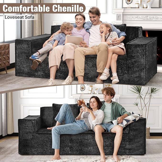 77'' Modern Cloud Loveseat Sofa in Chenille Deep Seat Boneless Couches Includes 2 pcs Pillows for Living Room Bedroom Apartment(Black)