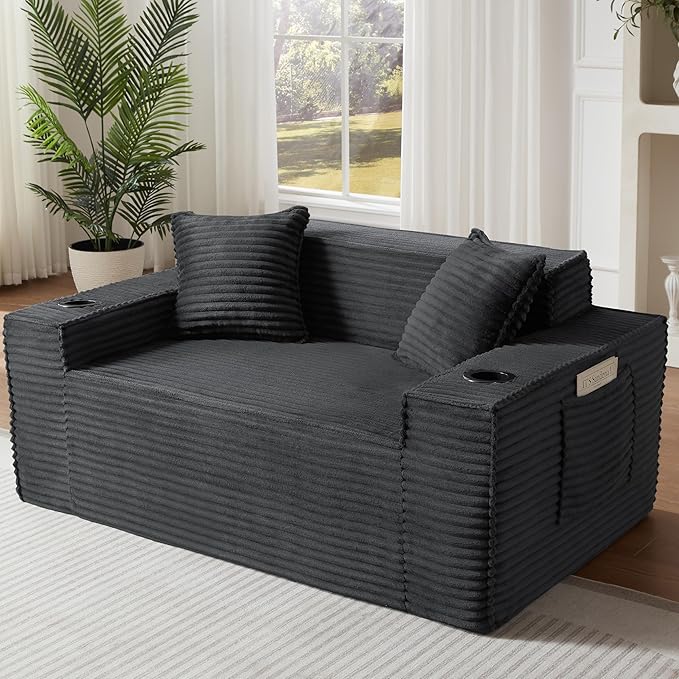 Boneless Sofa Couches with Cup Holder for Compact Living Rooms Apartments (Gray Single Chair+Loveseat) | No Assembly Required 2-Seater Sofa mini couch cup holder boneless loveseat side pocket