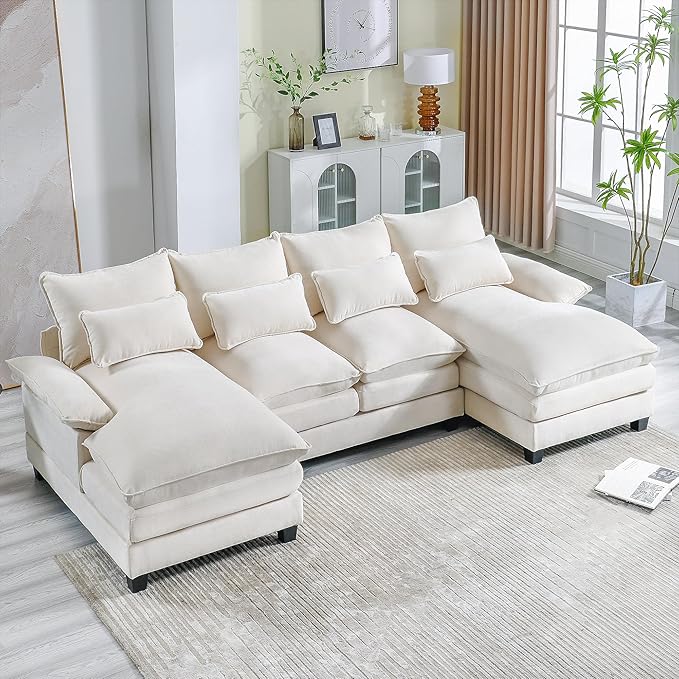 110.2 Modular U Shaped Cloud Couch Modern 4-Seat Chenille Upholstery Sectional Sofa with Double Chaise &amp Double Layer Cushions Deep Seat Comfy Couch for Living Room Bedroom Apartment Beige