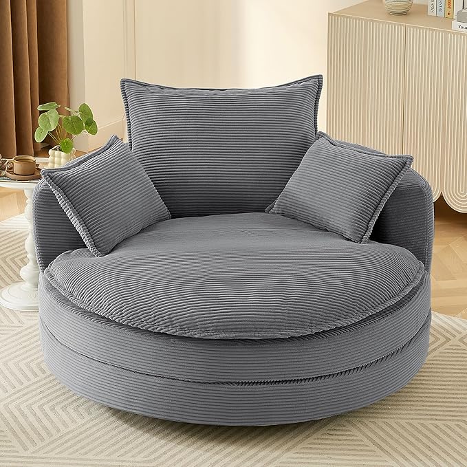 Eafurn 57.5 Oversized Swivel Barrel Chair with Dual-Layer Cloud Cushion Modern Corduroy Accent Round Chair for Living Room 360° Rotating Lounge Armchair with 3 Pillows for Bedroom &amp Reading Noo