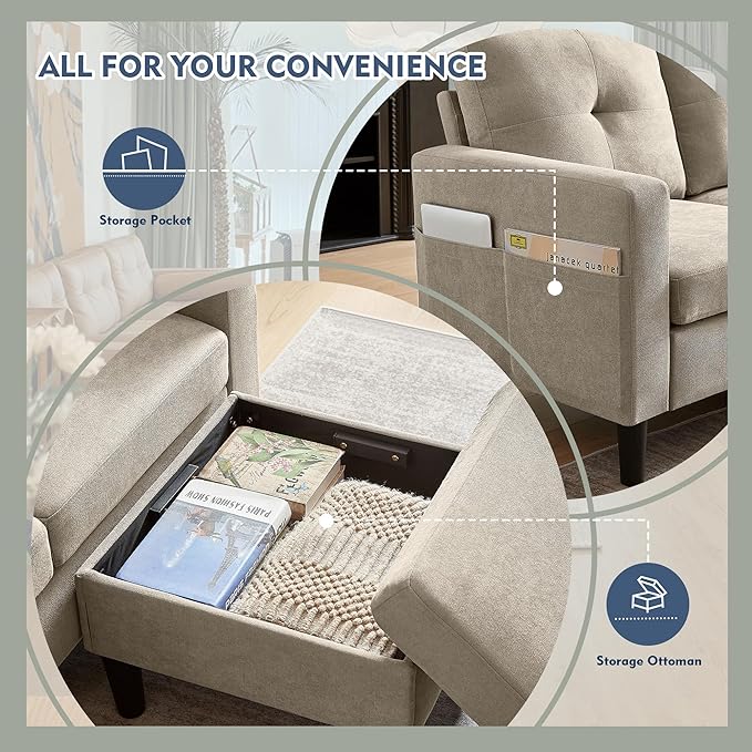 79 Convertible Sectional Sofa Small L Shaped 3 Seat Couch with Storage Chaise and Side Pocket Modern Linen Fabric Reversible Sofa Couches for Living Room Apartment and Small Space
