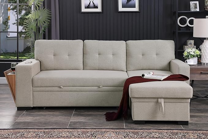 Ball &amp Cast Sectional Sleeper Sofa BedL-Shape Pull Out Couch4 in 1 Pull-Out Sofabed W/Reversible Storage ChaiseUSB Ports &amp Cup HolderConvertible Sleeper Corner Couch W/Pull Out Bedfor Liv