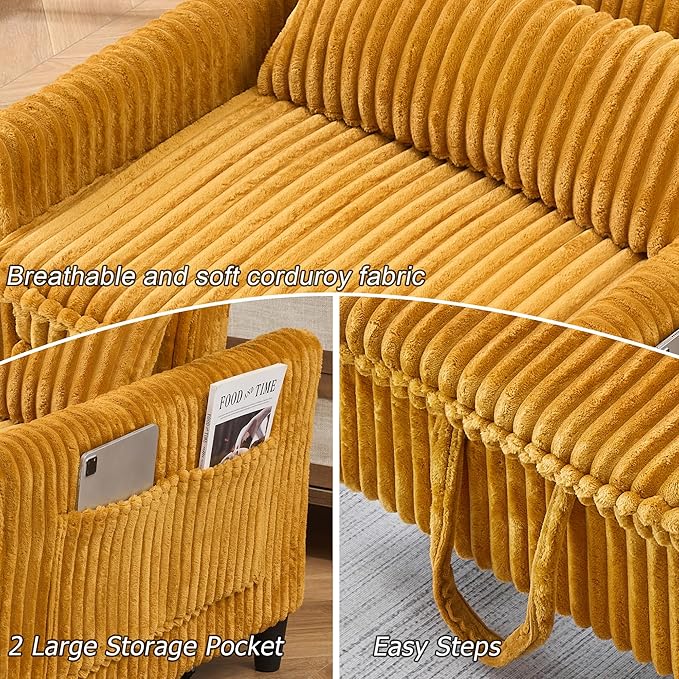 3-in-1 Convertible Sofa Chair BedPull Out Couch Single Sleeper Chair Bedwith Adjustable Backrest with Side Pockets Lounge Sofa for Living Room Bedroom Small Spaces (Yellow)