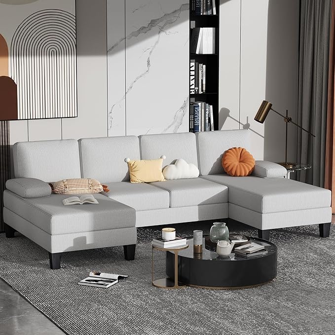 Bezseller 107.3 Sectional Couches for Living Room U Shaped Modular Sofa Couch with Cushion &amp Corduroy Fabric 4-Seat Comfy Furniture Sets with Double Chaise for Apartment Reception Room Grey
