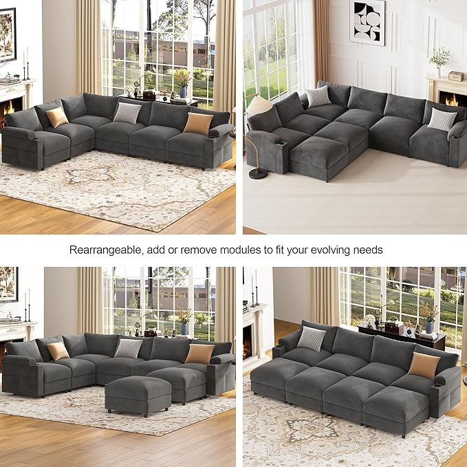 Sectional Couches for Living Room FSC Certified Velvet Modular Couch Oversized Cloud U Shaped Convertible Sleeper Sofa Chaise Detachable Armrest Cushion (Velvet Grey L Shape Corner 6 Seat)