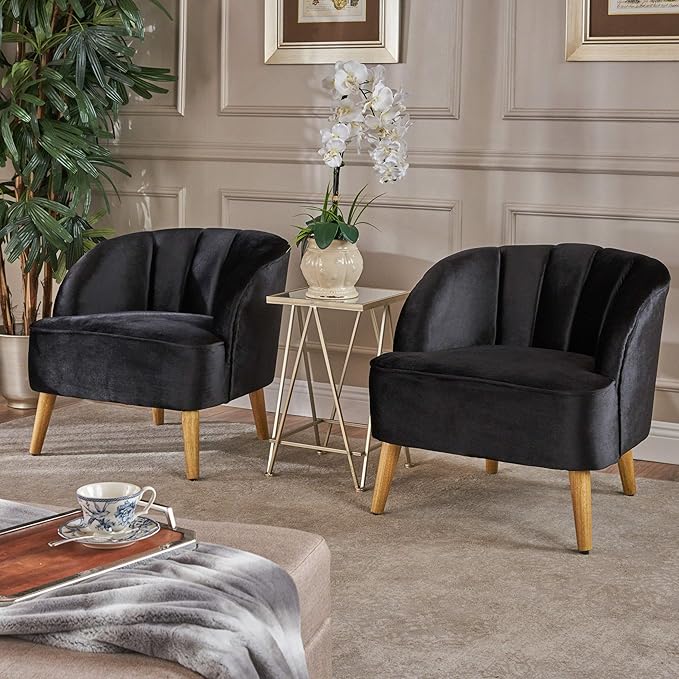 Christopher Knight Home Amaia Modern Velvet Club Chairs 2-Pcs Set Black / Walnut