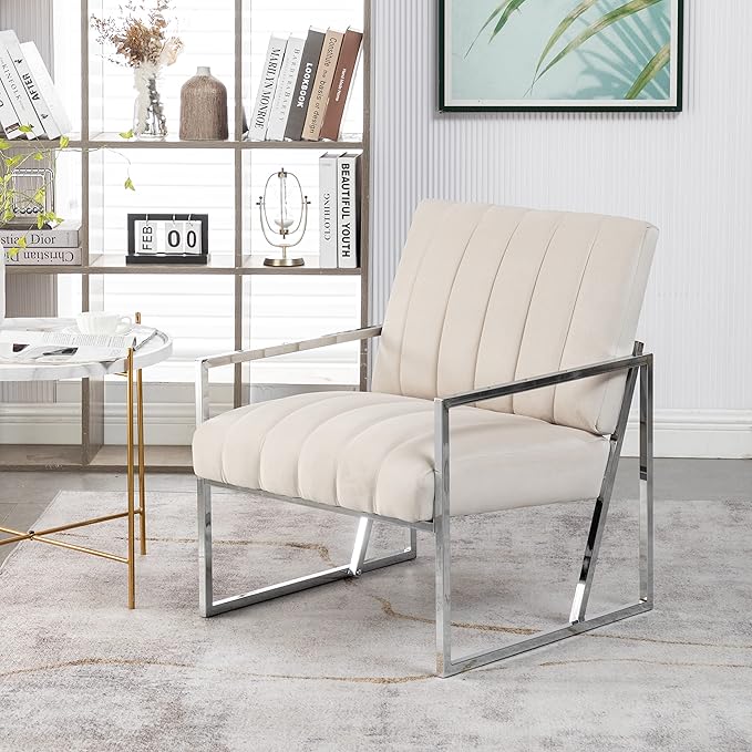 Generic Velvet Vertical Stripe Armchair Gold Metal Frame Accent Chair Suitable for Living Room BedroomBeige
