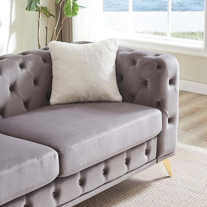 82.5'' Velvet Chesterfield Sofa Button Tufted Upholstered Sofa Couches with 2 Pillows Golden Metal Feets Removable Thick Cushions Comfy Chesterfield Couches for Living Room Apartment Grey