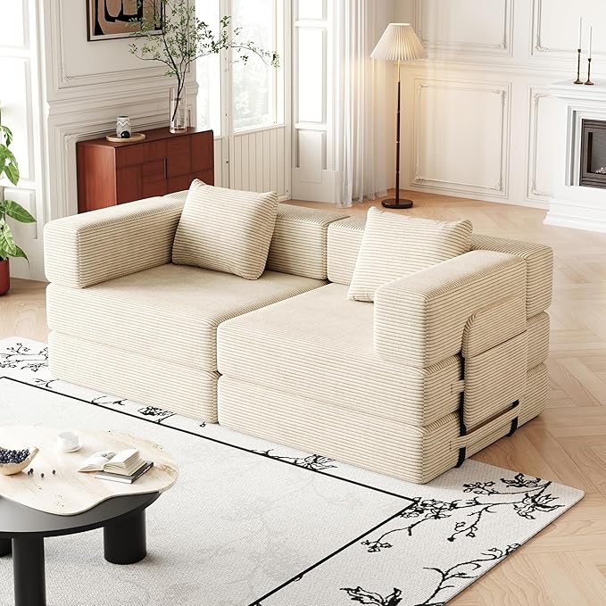 KEIKI 72.4'' Convertible Sofa Bed 2 Seat Corduroy Fabric Sofa with Two Side Storage Pockets and Two Cushions Comfortable Folding Sleeper Carpeted Couch for Living Room Bedroom and Study Beige