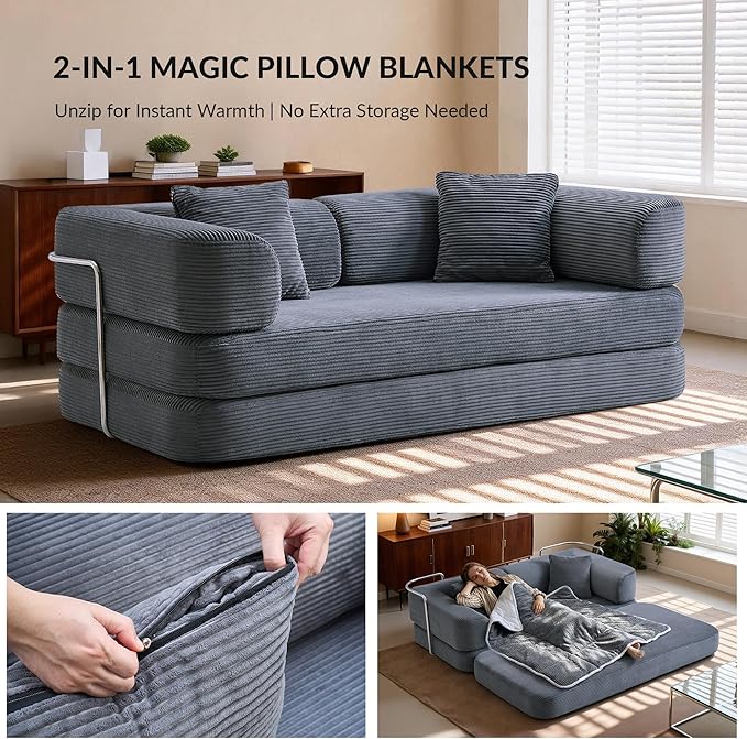 5-in-1 Convertible Sofa Bed Boneless Floor Couch Queen Size with Magic Pillow Blankets Zero-Assembly Sleeper Futon for Apartments Renters &amp Micro-Living Spaces Grey