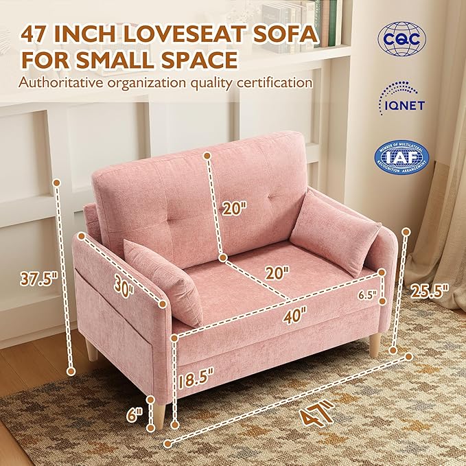 47 Small Sofa Couch for Bedroom Soft Chenille loveseat Mini Couch with Throw Pillow and Removable Cushion Cover for Small Spaces Living Room Apartment Dorm Office(Pink)