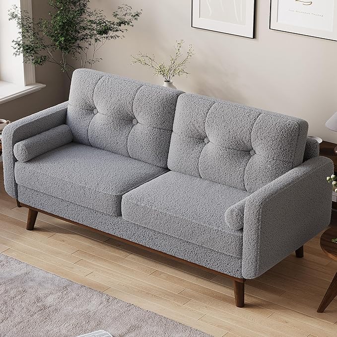 IDEALHOUSE 65 Mid Century Modern Couch Sofa Loveseat Comfy Love Seat Couches for Living Room 2 Seater Teddy Fleece Boucle Upholstered Deep Seat Couch for Bedroom Office Small Space Grey
